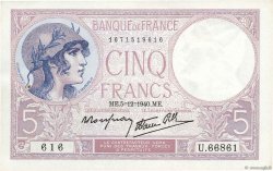 5 Francs FEMME CASQUÉE modifié FRANCIA  1940 F.04.16 SPL+
