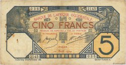 5 Francs DAKAR FRENCH WEST AFRICA Dakar 1924 P.05Bb BC