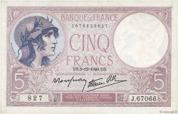 5 Francs FEMME CASQUÉE modifié FRANCIA  1940 F.04.16 AU+