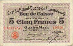 5 Francs /  4 Marks LUXEMBOURG  1914 P.23 VF