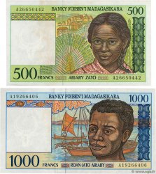 500 Francs - 100 Ariary et 1000 Francs - 200 Ariary MADAGASCAR  1994 P.LOT