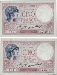 5 Francs FEMME CASQUÉE Consécutifs FRANCE  1933 F.03.17 XF-
