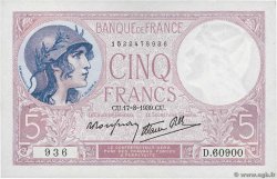 5 Francs FEMME CASQUÉE modifié FRANCE  1939 F.04.06 AU-