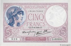 5 Francs FEMME CASQUÉE modifié FRANCIA  1939 F.04.06 SPL