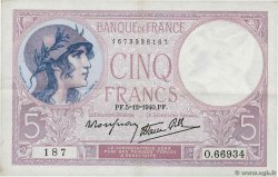 5 Francs FEMME CASQUÉE modifié FRANCIA  1940 F.04.16 SPL