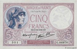 5 Francs FEMME CASQUÉE modifié FRANKREICH  1940 F.04.16
