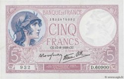 5 Francs FEMME CASQUÉE modifié FRANCE  1939 F.04.06 pr.SPL