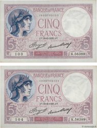 5 Francs FEMME CASQUÉE Consécutifs FRANCE  1933 F.03.17 SUP