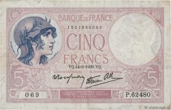 5 Francs FEMME CASQUÉE modifié FRANCE  1939 F.04.08 TB