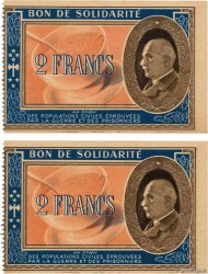 2 Francs BON DE SOLIDARITÉ Consécutifs FRANCE regionalism and miscellaneous  1941 KL.03D5 UNC-
