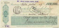 102000 Francs FRANCE regionalismo e varie Bordeaux 1907 DOC.Chèque SPL