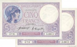 5 Francs FEMME CASQUÉE Consécutifs FRANCE  1921 F.03.05