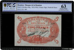 5 Francs Cabasson rouge REUNION ISLAND  1938 P.14 UNC