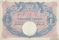 50 Francs BLEU ET ROSE FRANCE  1921 F.14.34 VF+