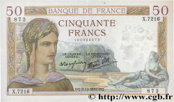 50 Francs CÉRÈS modifié FRANKREICH  1937 F.18.05 VZ