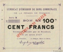 100 Francs Spécimen FRANCE Regionalismus und verschiedenen Rimogne 1917 JP.08-209 fST