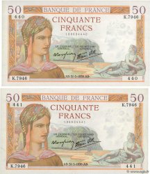 50 Francs CÉRÈS modifié Consécutifs FRANCIA  1938 F.18.11 EBC+