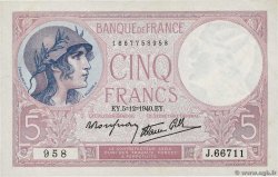 5 Francs FEMME CASQUÉE modifié FRANCIA  1940 F.04.16 SC+