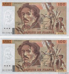 100 Francs DELACROIX 442-1 & 442-2 Consécutifs FRANCIA  1995 F.69ter.02b FDC