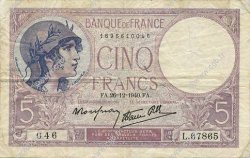 5 Francs FEMME CASQUÉE modifié FRANKREICH  1940 F.04.18 SS