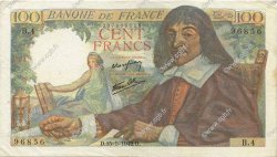 100 Francs DESCARTES FRANCE  1942 F.27.01 XF