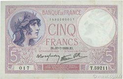 5 Francs FEMME CASQUÉE modifié FRANCE  1939 F.04.03 VF+