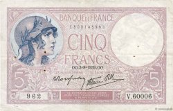 5 Francs FEMME CASQUÉE modifié Numéro radar FRANKREICH  1939 F.04.04 S