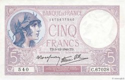 5 Francs FEMME CASQUÉE modifié FRANKREICH  1940 F.04.16 fVZ