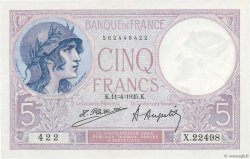 5 Francs FEMME CASQUÉE FRANKREICH  1925 F.03.09 fVZ