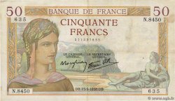 50 Francs CÉRÈS modifié FRANCE  1938 F.18.14 TTB