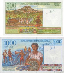 500 Francs - 100 Ariary et 1000 Francs - 200 Ariary Lot MADAGASCAR  1994 P.075a et P.076a FDC