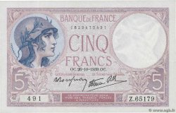 5 Francs FEMME CASQUÉE modifié FRANCIA  1939 F.04.13 SC+