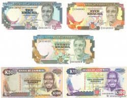 5, 10, 20, 100 et 500 Kwacha Lot ZAMBIA  1980 P.30, P.31b, P.32b, P.34a et P.35
