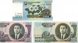 200, 1000 et 5000 Won Lot NORDKOREA  2005 P.45b, P.46c et P.48