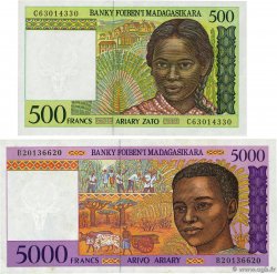 500 Francs - 100 Ariary et 5000 Francs - 1000 Ariary Lot MADAGASCAR  1994 P.075b et P.078b pr.SUP