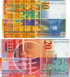 10 et 20 Francs Lot SUISSE  1994 P.66a et P.68a UNC