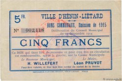 5 Francs FRANCE régionalisme et divers Henin-Lietard 1914 JP.62-0719 SUP
