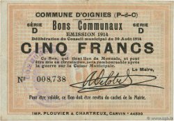5 Francs FRANCE Regionalismus und verschiedenen Oignies 1914 JP.62-1056 VZ