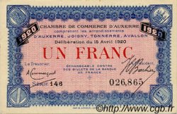 1 Franc FRANCE regionalism and miscellaneous Auxerre 1920 JP.017.22 AU+