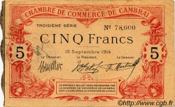 5 Francs FRANCE regionalismo e varie Cambrai 1914 JP.037.24 BB to SPL