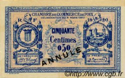 50 Centimes Annulé FRANCE regionalismo e varie Foix 1920 JP.059.14 BB to SPL