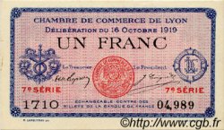 1 Franc FRANCE regionalism and miscellaneous Lyon 1919 JP.077.19 AU+