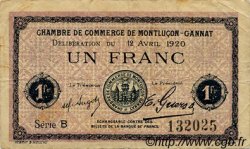 1 Franc FRANCE Regionalismus und verschiedenen Montluçon, Gannat 1920 JP.084.52 S