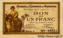 1 Franc FRANCE regionalismo y varios Narbonne 1917 JP.089.15 SC a FDC