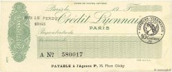 Francs FRANCE regionalism and miscellaneous Paris 1920 DOC.Chèque VF