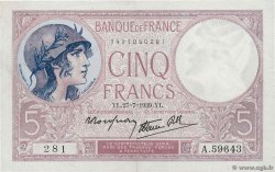 5 Francs FEMME CASQUÉE modifié FRANCE  1939 F.04.03