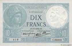 10 Francs MINERVE modifié FRANCE  1942 F.07.31 TTB+