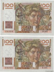 100 Francs JEUNE PAYSAN filigrane inversé Consécutifs FRANCE  1952 F.28bis.02