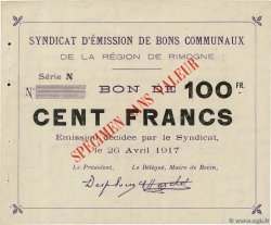 100 Francs Spécimen FRANCE regionalism and miscellaneous Rimogne 1917 JP.08-209 AU