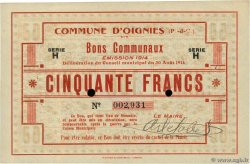 50 Francs FRANCE Regionalismus und verschiedenen Oignies 1914 JP.62-1073 fST